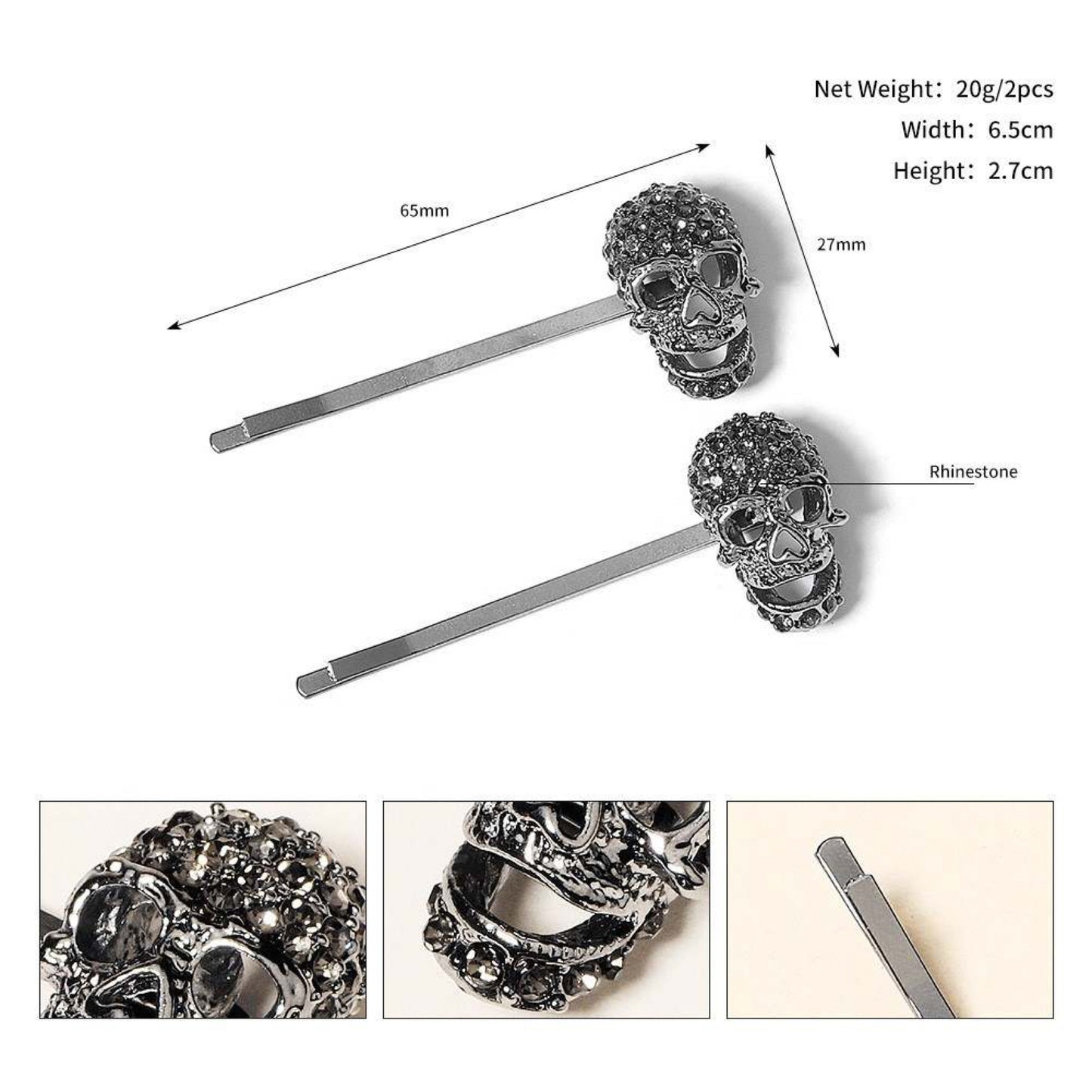 2 Studded Skull Hair Pins