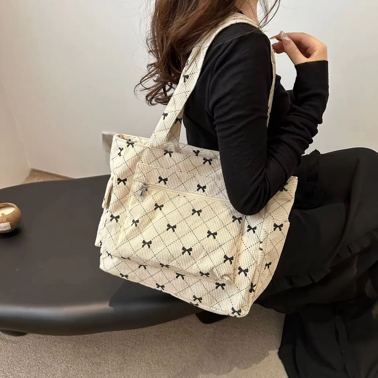 Bow Corduroy Tote Bag