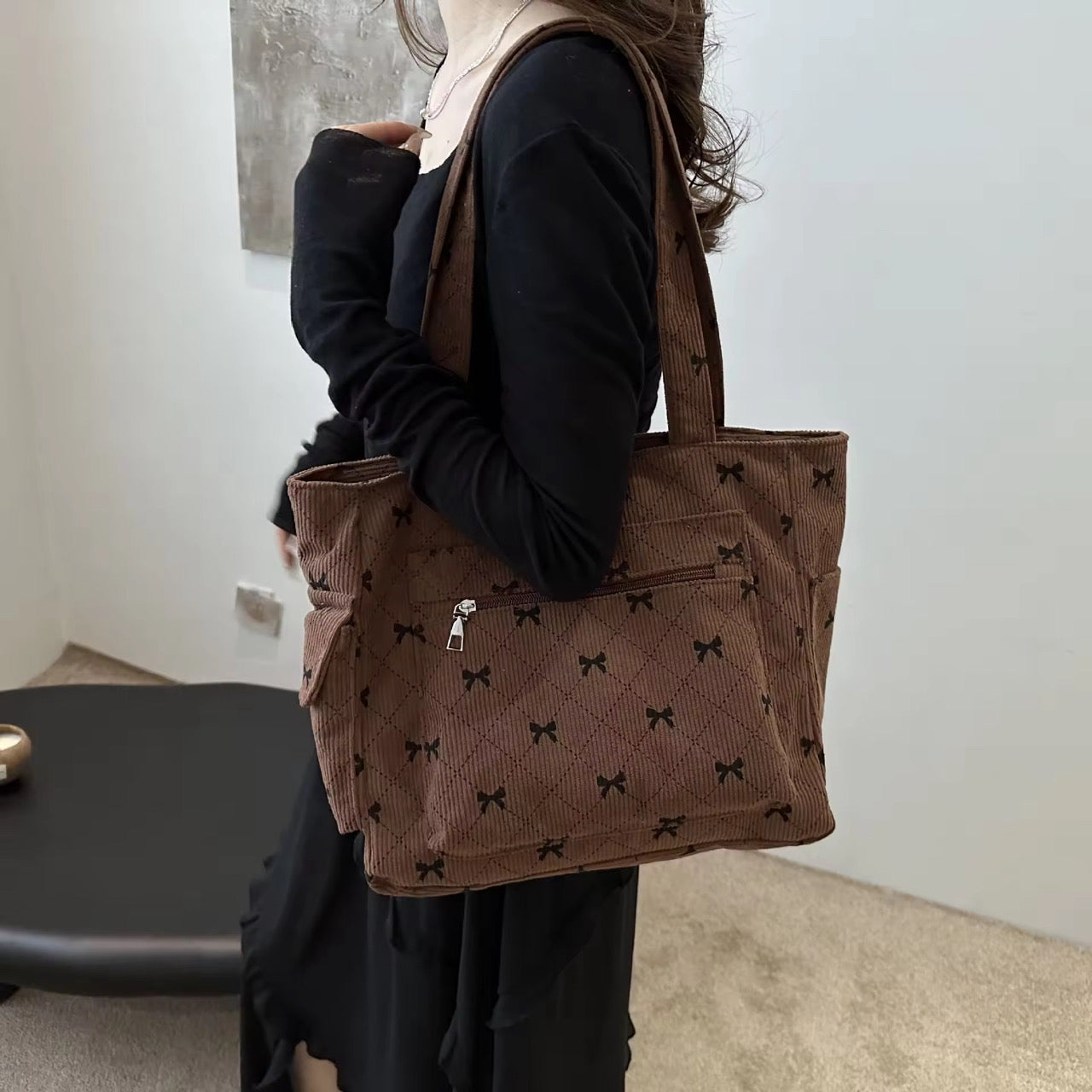 Bow Corduroy Tote Bag