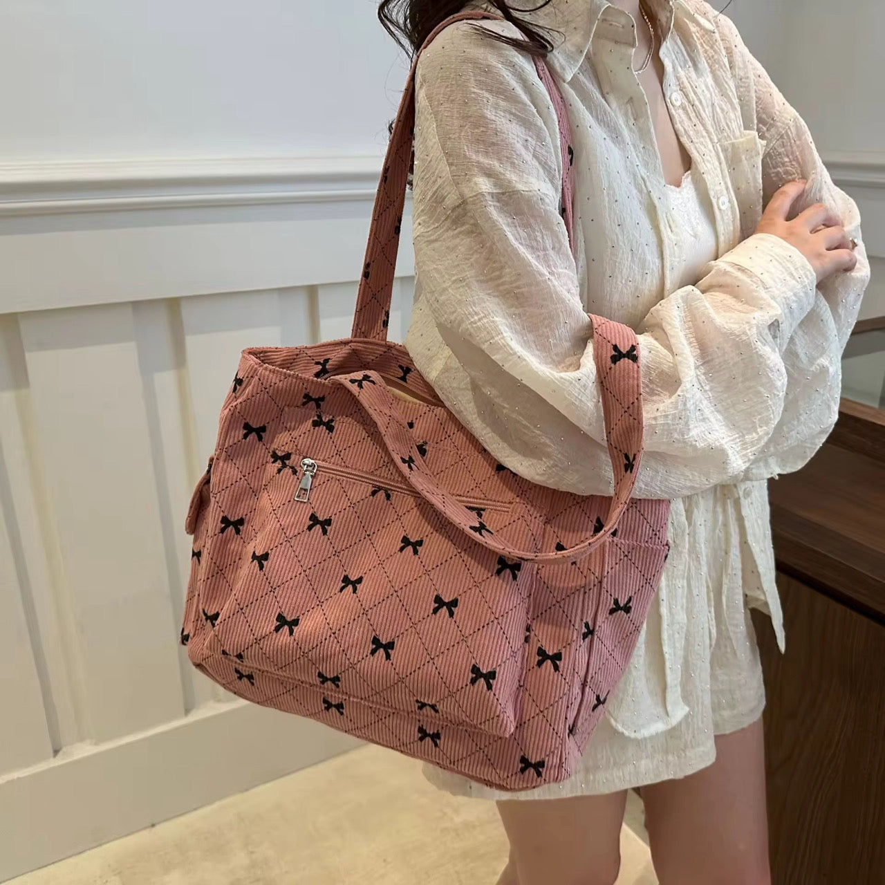 Bow Corduroy Tote Bag