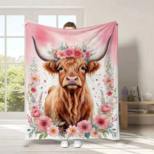 Pink Highland Cow Themed Blanket