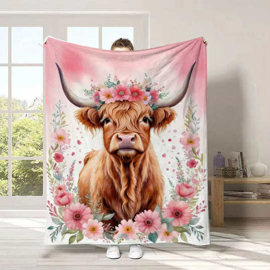 Pink Highland Cow Themed Blanket